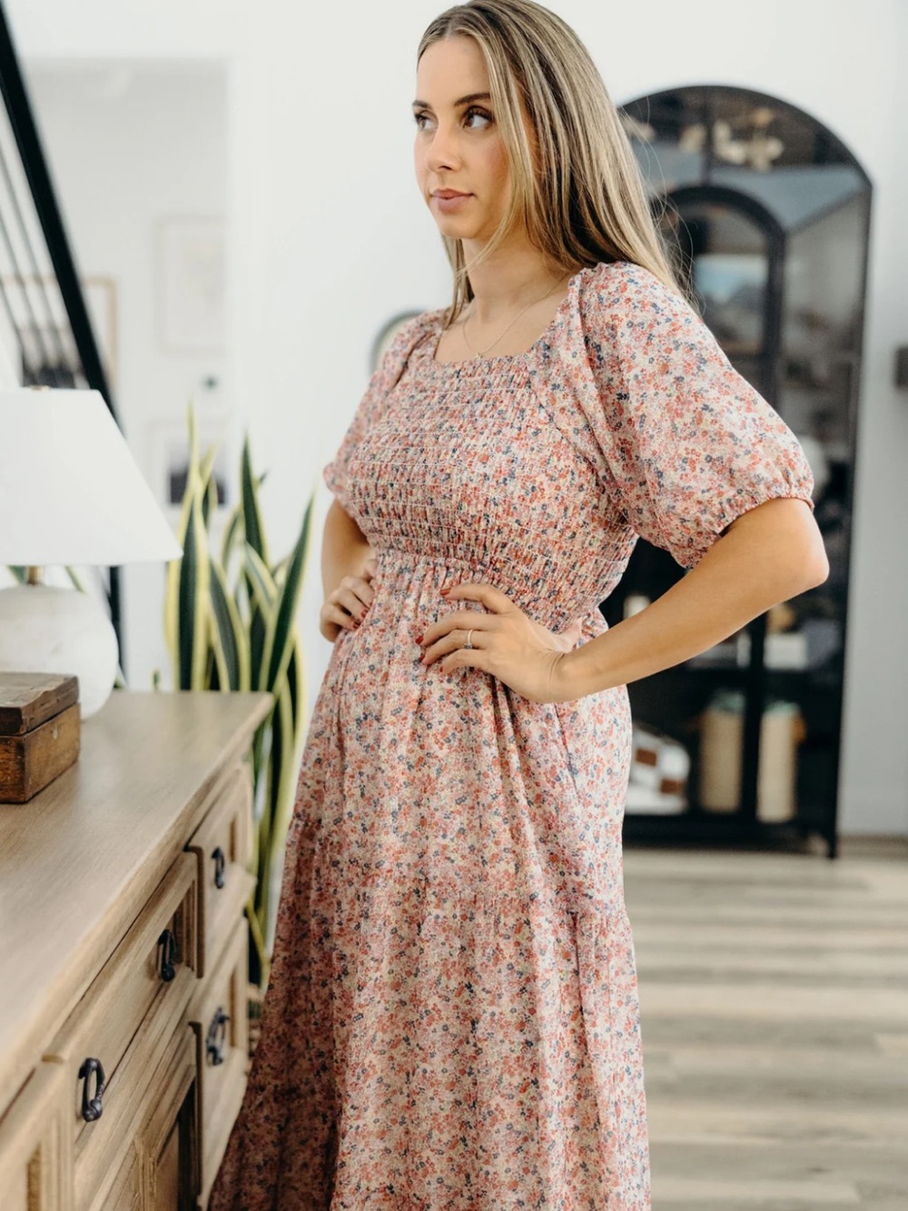 Mikarose Rose Multicolor Floral Smocked Maxi Dress